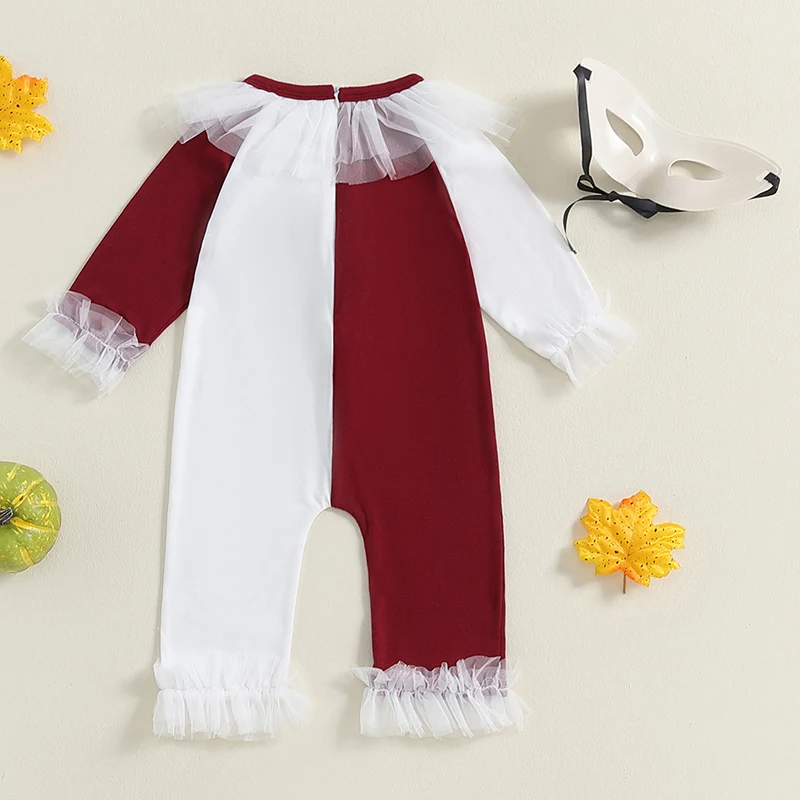 Little Girl Halloween Romper Contrast Color Plush Ball Long Sleeve Crew Neck Full Length Jumpsuit