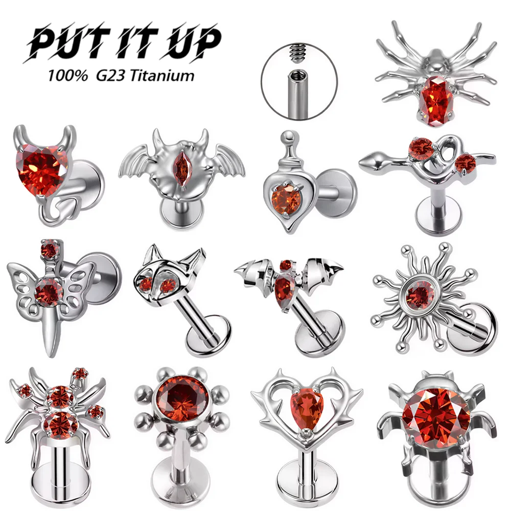 G23 Titan Labret Piercings mit Rotem Zirkon, Spinnen-, Teufel-, Herz- und Fledermausflügel-Design, Schmuck für Knorpel, Tragus, Helix, Lippe und Ohr