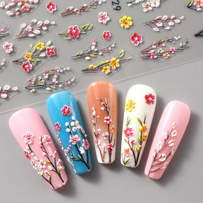 Autocollants 5D pour Ongles à Motif Floral, Décalcomanies Auto-Adhésives en Relief, pour Décoration de Manucure à Faire Soi-Même, 3 Pièces