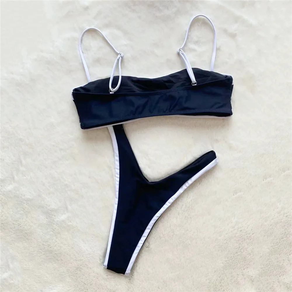 Conjunto de microbikinis Bandeau con Tanga negra, traje de baño Sexy para Mujer, traje de baño con borde blanco, traje de baño de corte alto, Bikini para Mujer 2025