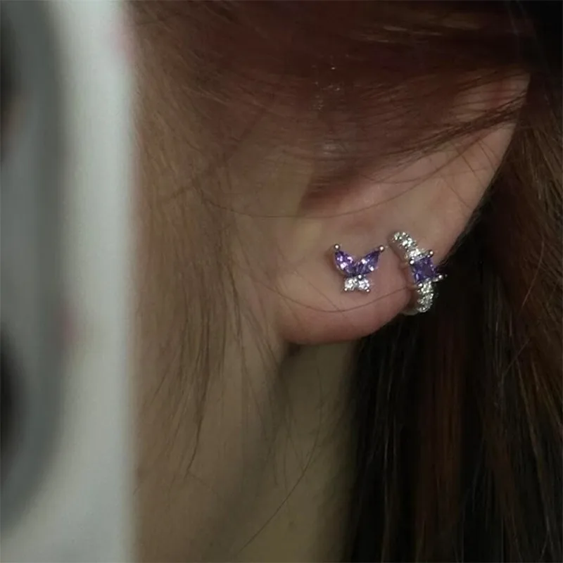 

925 Sterling Silver Charming Purple Zircon Butterfly Stud Earring for Women Fine Jewelry High Luxury Vintage Accessories