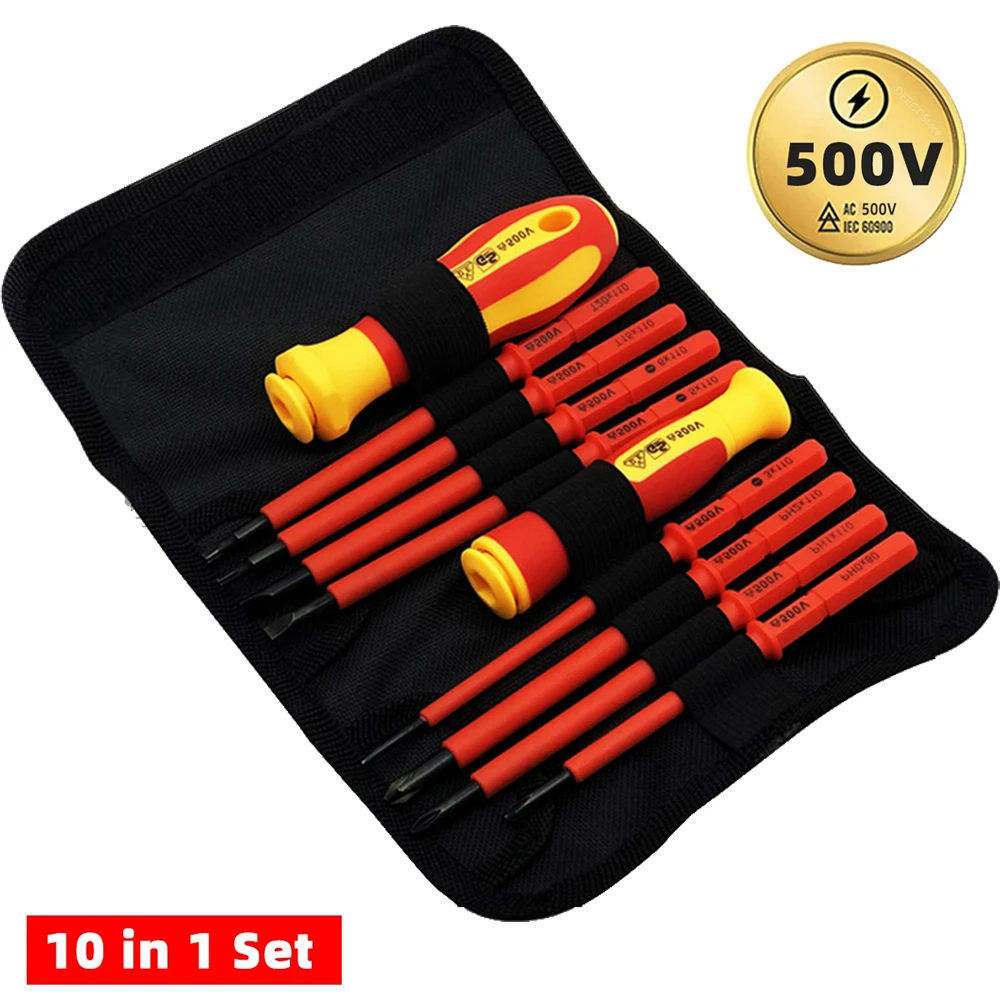 10-teiliges VDE-isoliertes Schraubendreher-Set mit austauschbarer Klinge und magnetischem Koffer, 500 V, Heim- und professionelle Nutzung, Elektriker-Werkzeuge
