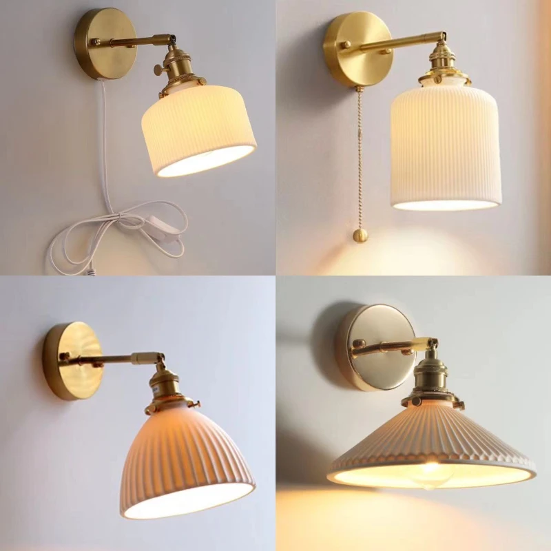 DIY Up and Down Rotary Brass Ceramic Wall Lamp LED Wire Pull Switch Sconce Bedroom Bedside Interior Wall Light Home Decoration