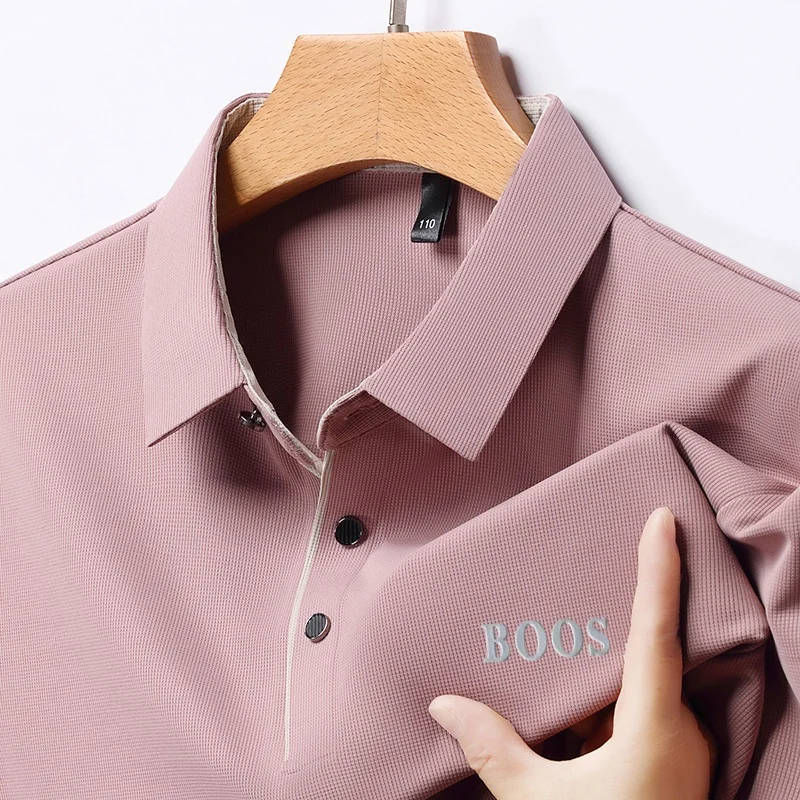 Freizeit-Herren-Kurzarm-Poloshirt mit Revers-Knopfleiste, Einfarbig mit Schriftzug, Bequemes Atmungsaktives Trendiges Herren-T-Shirt – Detail 13