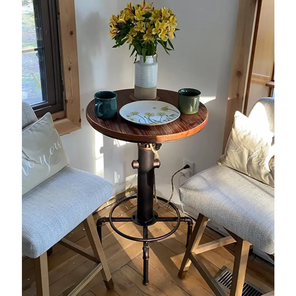 Adjustable Height Swivel Round Wood Top Industrial Bar Table, 32.3-36.2, 23.7 Diameter, Suitable for Kitchen, Dining, Office, Co