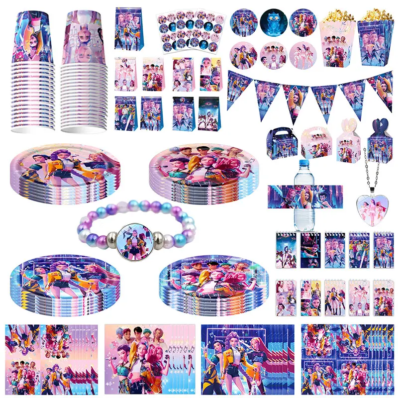 Kpop Demon Hunter – décoration de fête à thème d'anniversaire, ensemble de vaisselle, tasse, assiette, nappe, ballons, fournitures pour cadeaux de fête pour filles