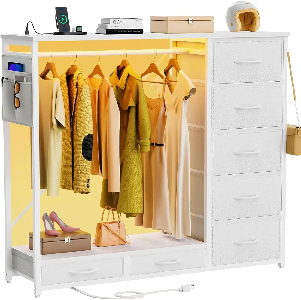 Dresser for Bedroom with Hanging Rack, 7 Drawer Clothes Storage Chest with Lights and Charging Station, Wardrobe Dresser