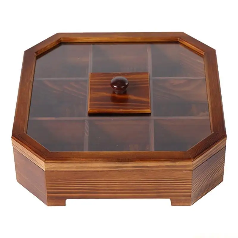 QX2E Box Chinese Divided Dried Fruit Tray Vintage Ornament for Home Living Room Candy Nut Melon