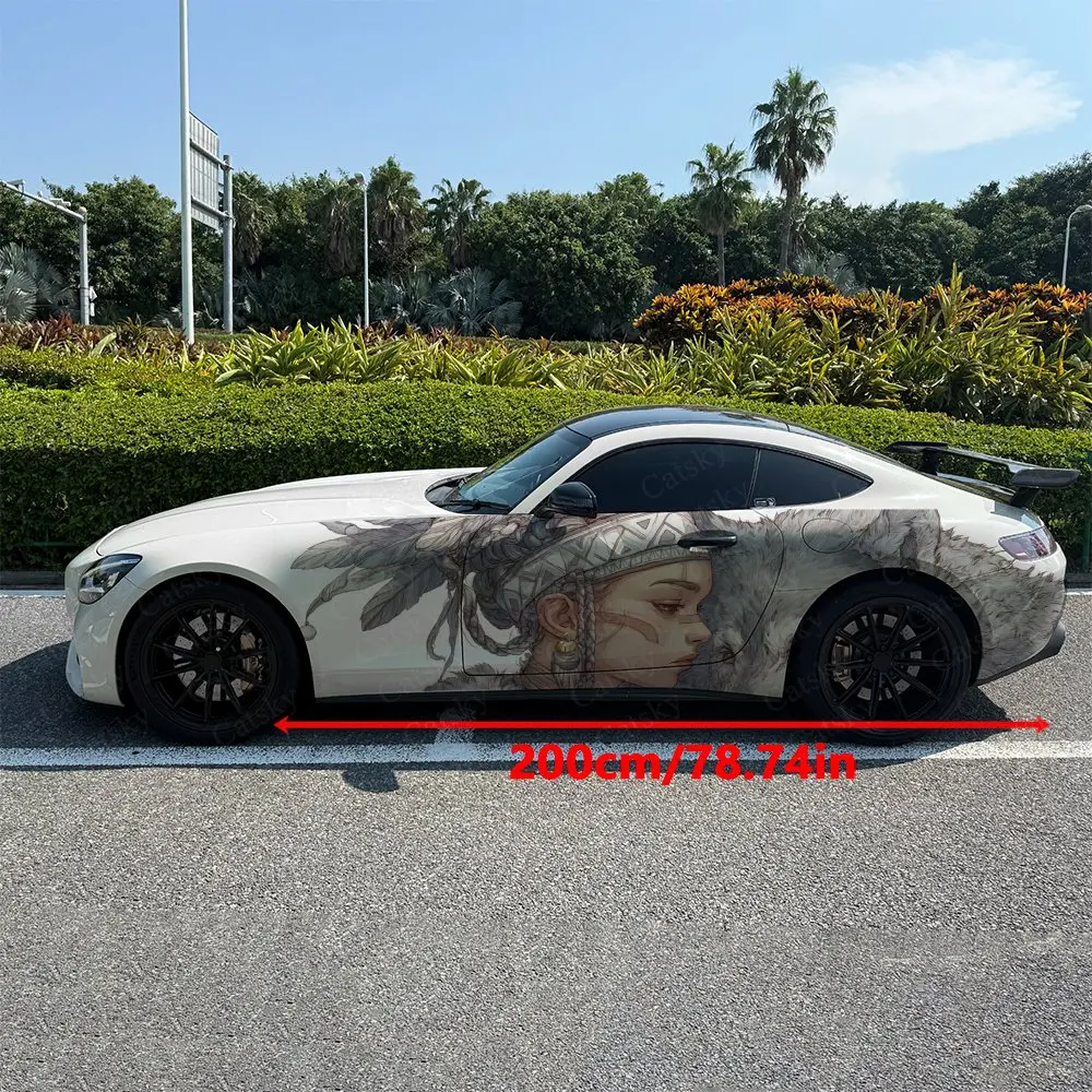 2pcs Native Style Girl & Wolf Car Side Wraps, Self-Adhesive PVC Waterproof & Scratch-Resistant Stickers, Car Accessory Gift