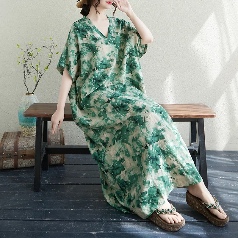 Estate V-ne lungo cotone lino sciolto casual vacanza Sle gonna da spiaggia carne nascosta abito da donna di grandi dimensioni Dr