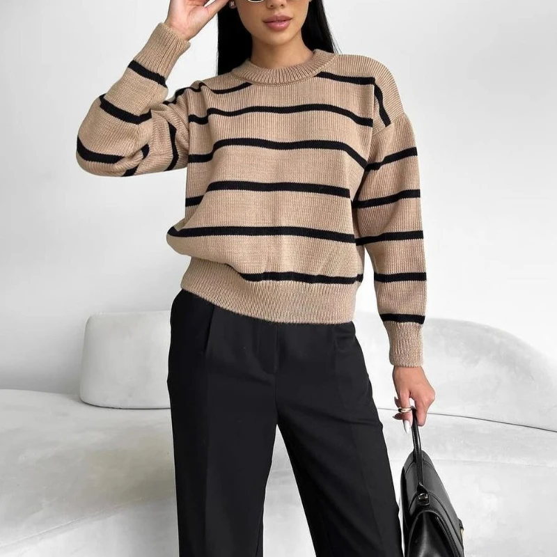 

2024 New Striped Knitted Sweater Pullover, Long Sleeved Base, Inner and Outer Color Blocked Sweater for Women