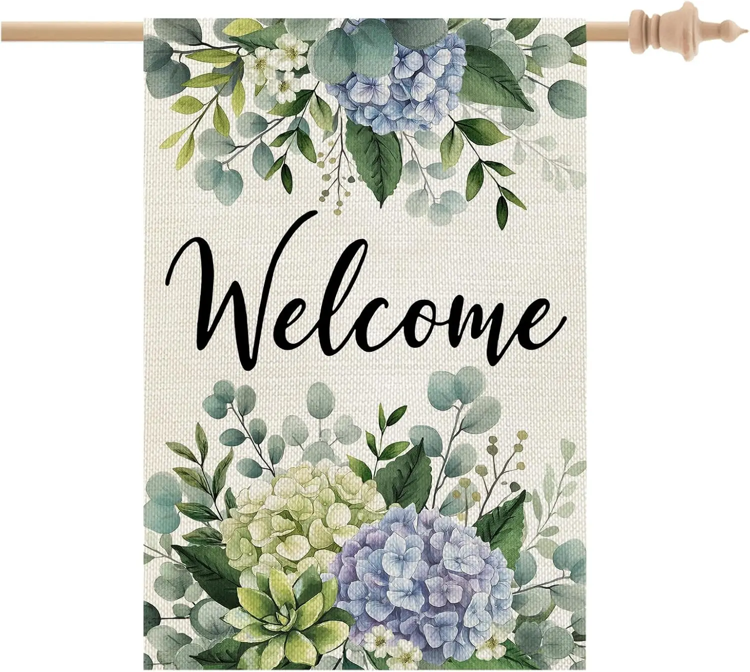 CROWNED BEAUTY Spring House Flag Hydrangea Eucalyptus Double Sided 28x40 Inches Large Burlap Welcome Holiday Seasonal Yard D AAS