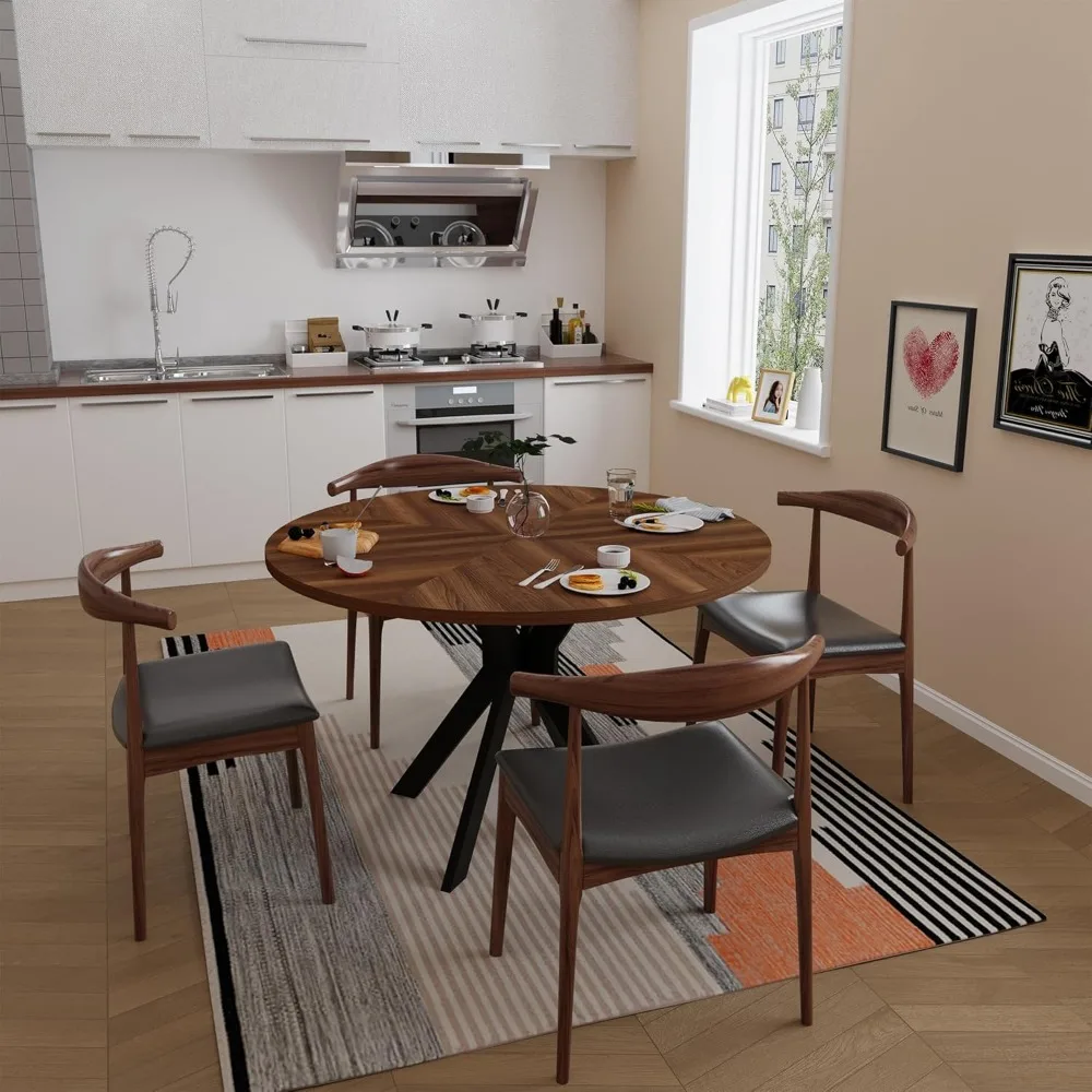 47inch Round Dining Table for 6 People,Wood Top Round Kitchen Dinning Table with Heavy Duty Metal Legs for Living Room Kitchen