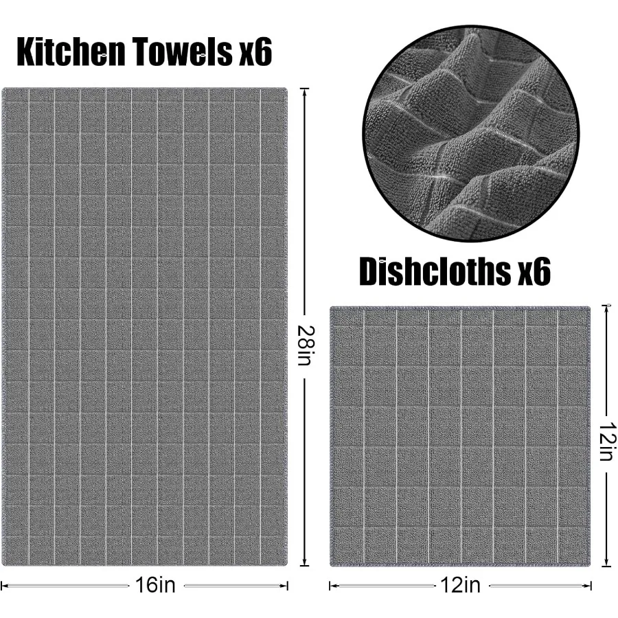 مجموعة مناشف المطبخ وأقمشة الأطباق المصنوعة من الألياف الدقيقة مكونة من 12 قطعة من مناشف اليد الناعمة والماصة مقاس 28 × 16 بوصة و12 × 12 بوصة كوي #6
