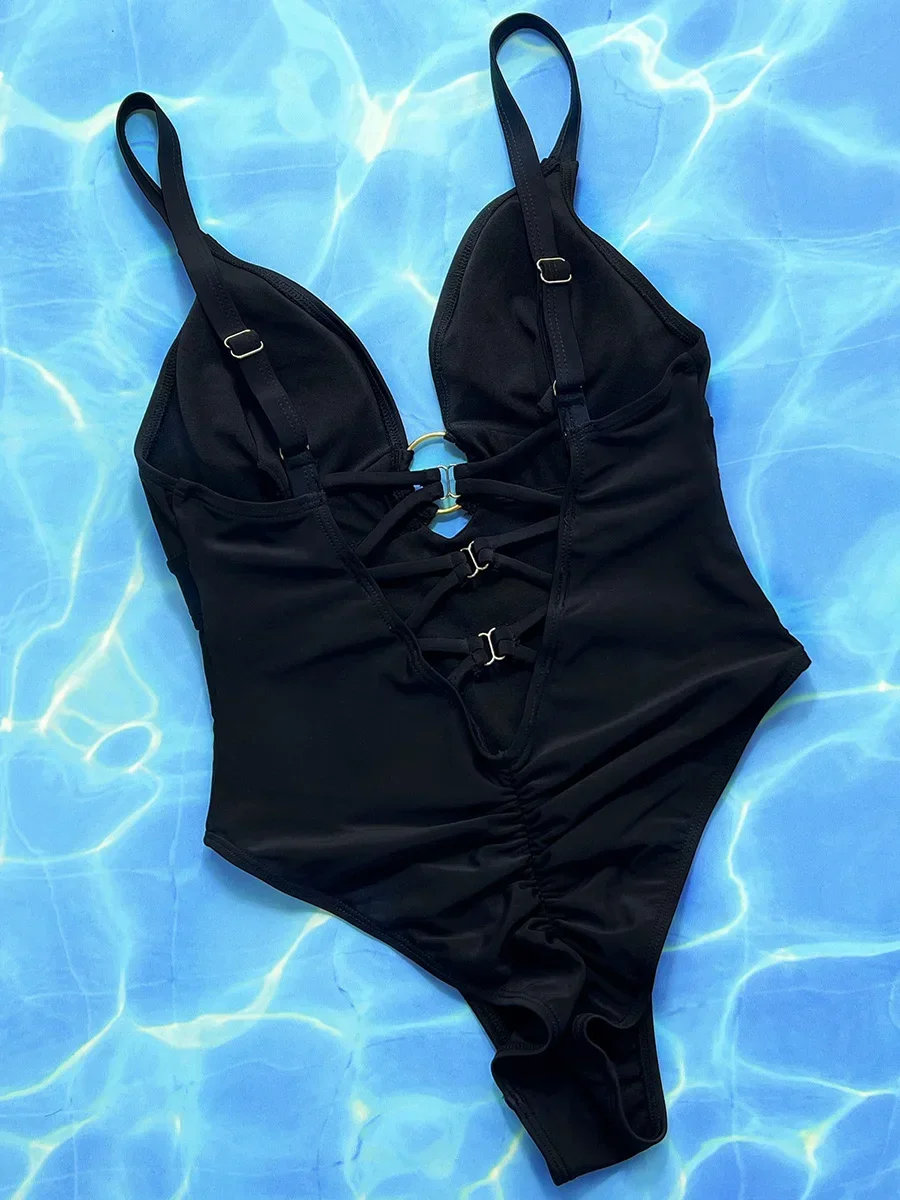 Traje de baño de una pieza con cuello en V entrecruzado y espalda descubierta para mujer, Monokini femenino, traje de baño de corte alto, traje de baño