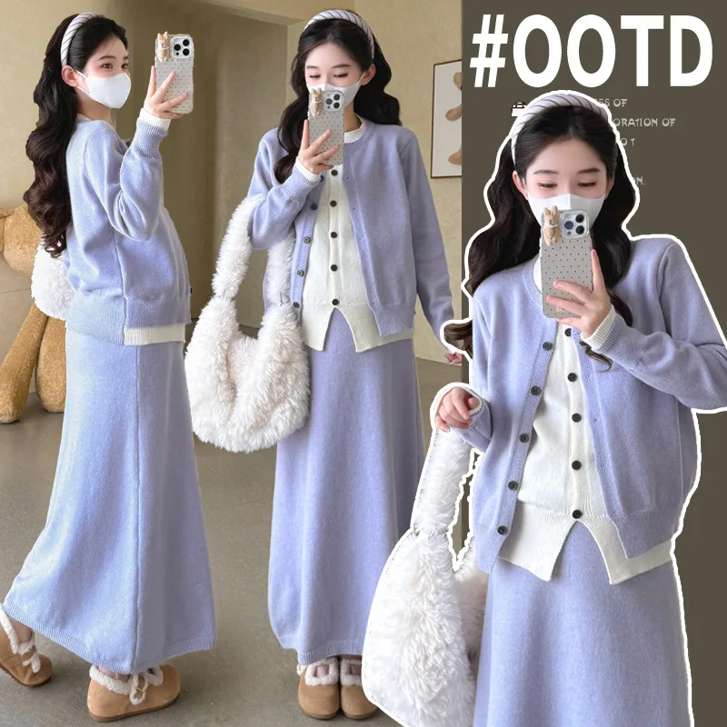 Maternity Outfit Spring Autumn Korean Casual Minimalist Elegant Versatile Fake Two Piece Sweater and Midi Skirt Two Piece Set
