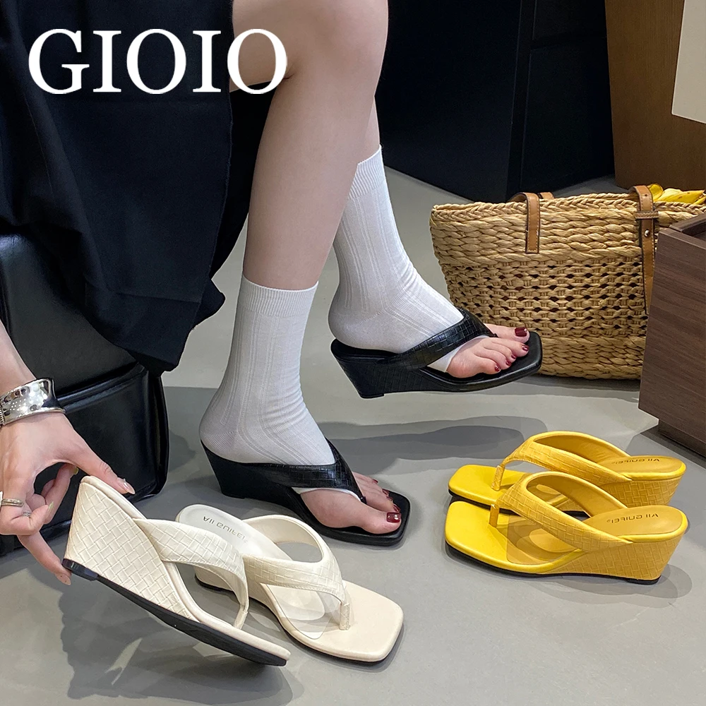 

Модные женские шлепанцы GIOIO на танкетке с узким ремешком и открытым носком, повседневные сандалии-слайды