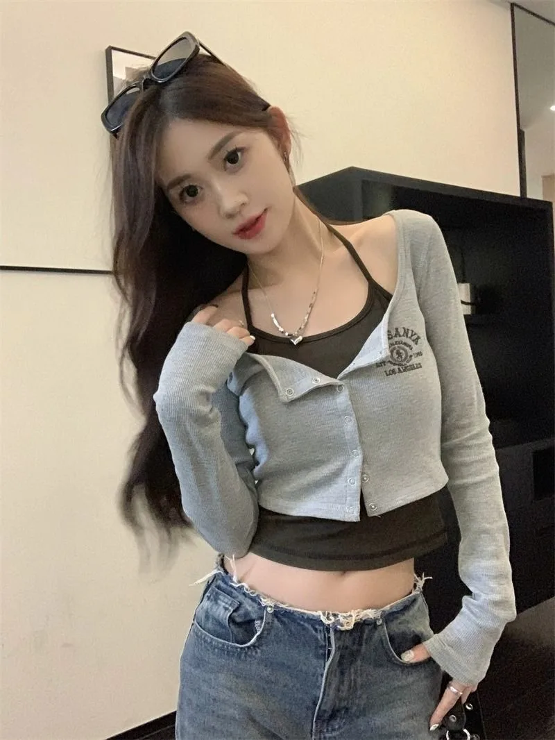 Damen Koreanischer Ins-Stil Reines Y2K Hot Girl Neckholder Langarm-T-Shirt Frühling Herbst Neues Slim-Fit Schulter-Fake-Zweiteiler-Oberteil – Detail 9