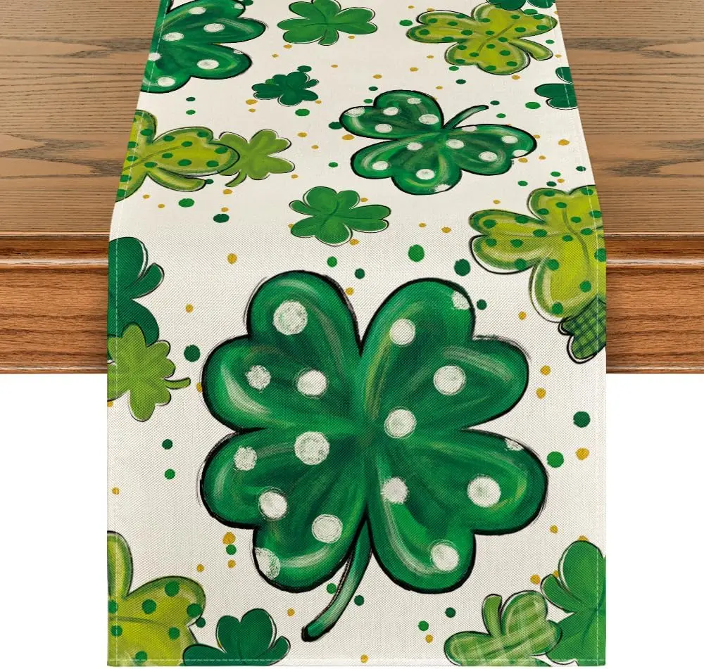 33X183CM Lucky Clover Shamrocks Table Runner,Seasonal St. Patrick's Day Holiday Kitchen Dining Table Runner for Home Party Decor