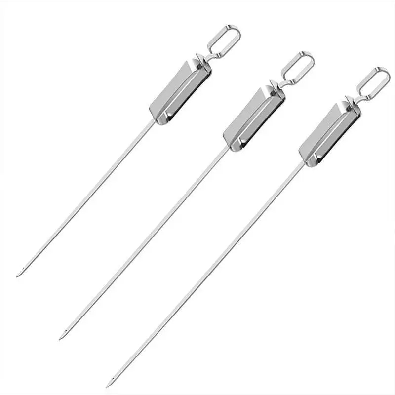 【F】1PCS Kabob Skewers For Grilling Stainless Steel Flat BBQ Skewers With Quick Release Metal Sliding Handle