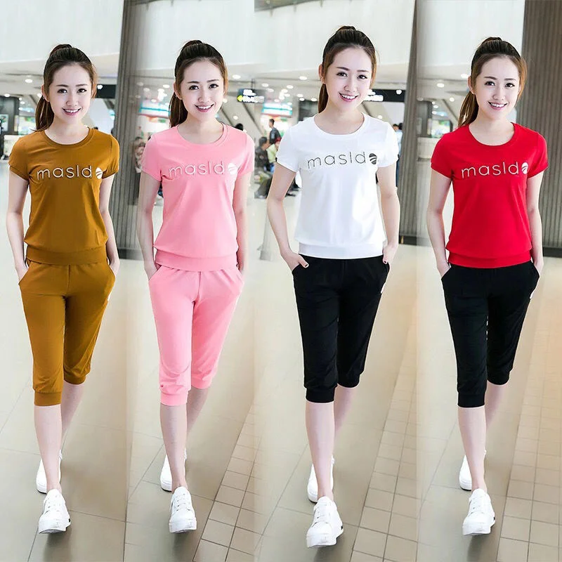 Women\'s Casual Sports Suit 2023 New Fashion Loose Short Sleeve Running Clothes Summer Crop Top Calf-Length Pants 2 Two Piece Set