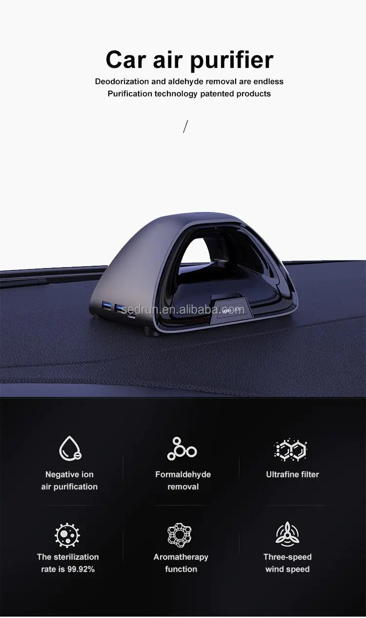 منقي هواء السيارة المحمول OEM مع تركيب USB لمرشح Hepa H12 للاستخدام المنزلي المؤين السلبي