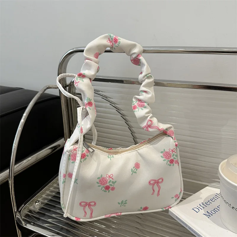 

Women's Underarm Bag Canvas Pleated Handlebags Armpit Purse FloralBow Printed Zipper Strap Zipper Closure Chic Hobo Bag