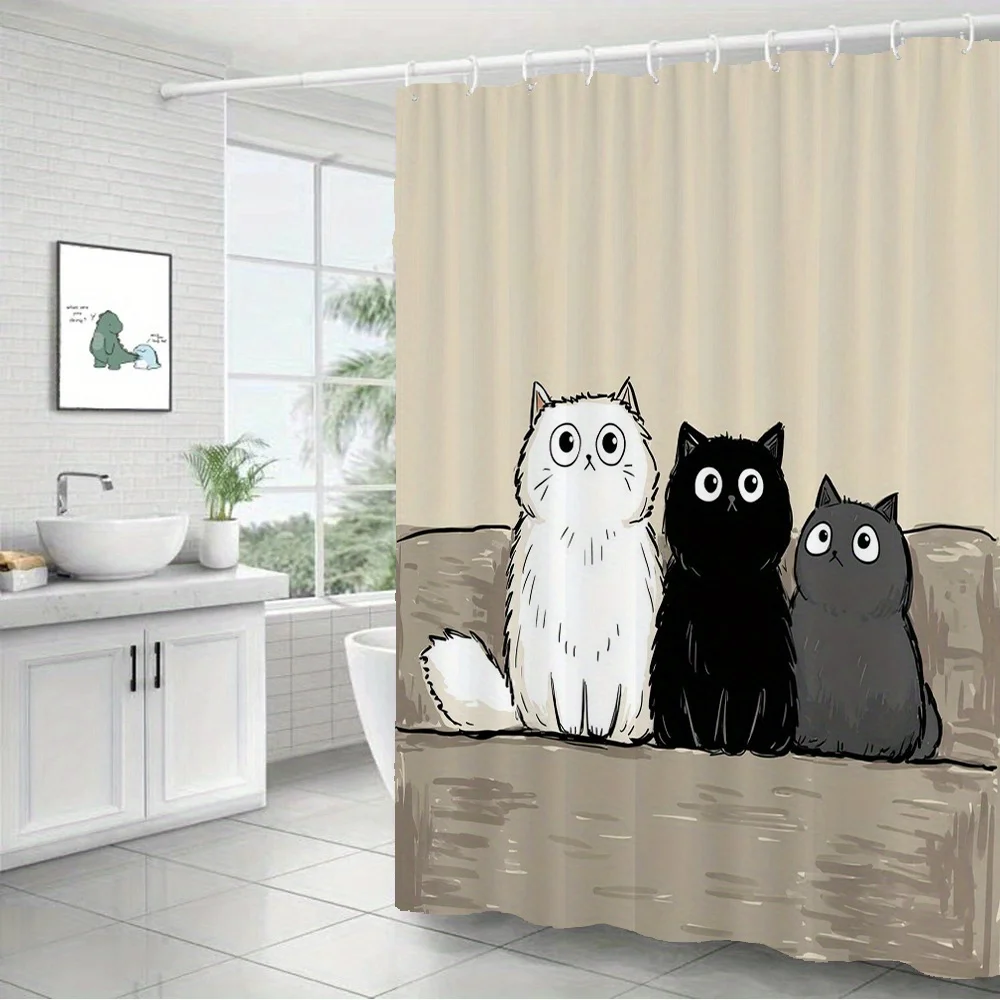 Cute Sofa‑Sitting Kittens Shower Curtain Polyester Digital Printing Whimsical Hand‑Sketch Style Three Fluffy Cats In White