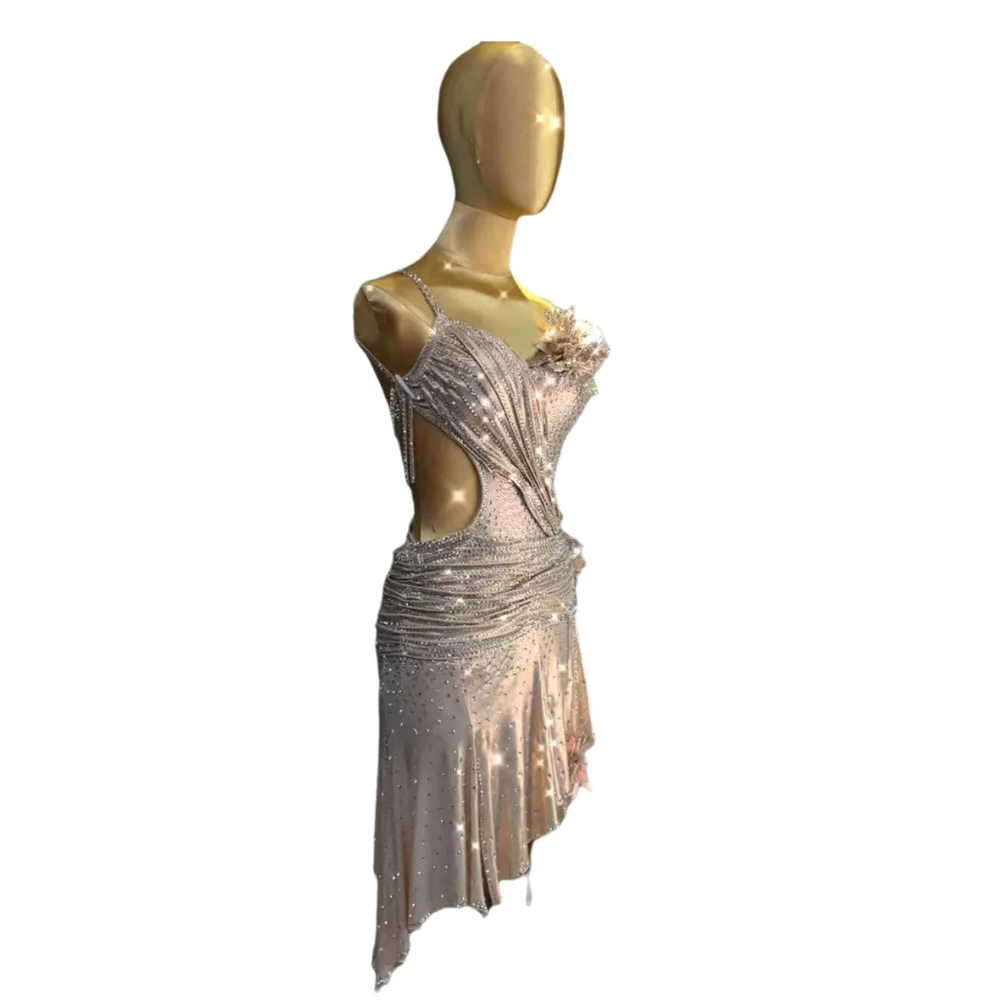 Latin Dancer Adult Children High-End Customized Pearl Nude Powder Pleated Skirt Tango Samba AB Stone Performance Dress