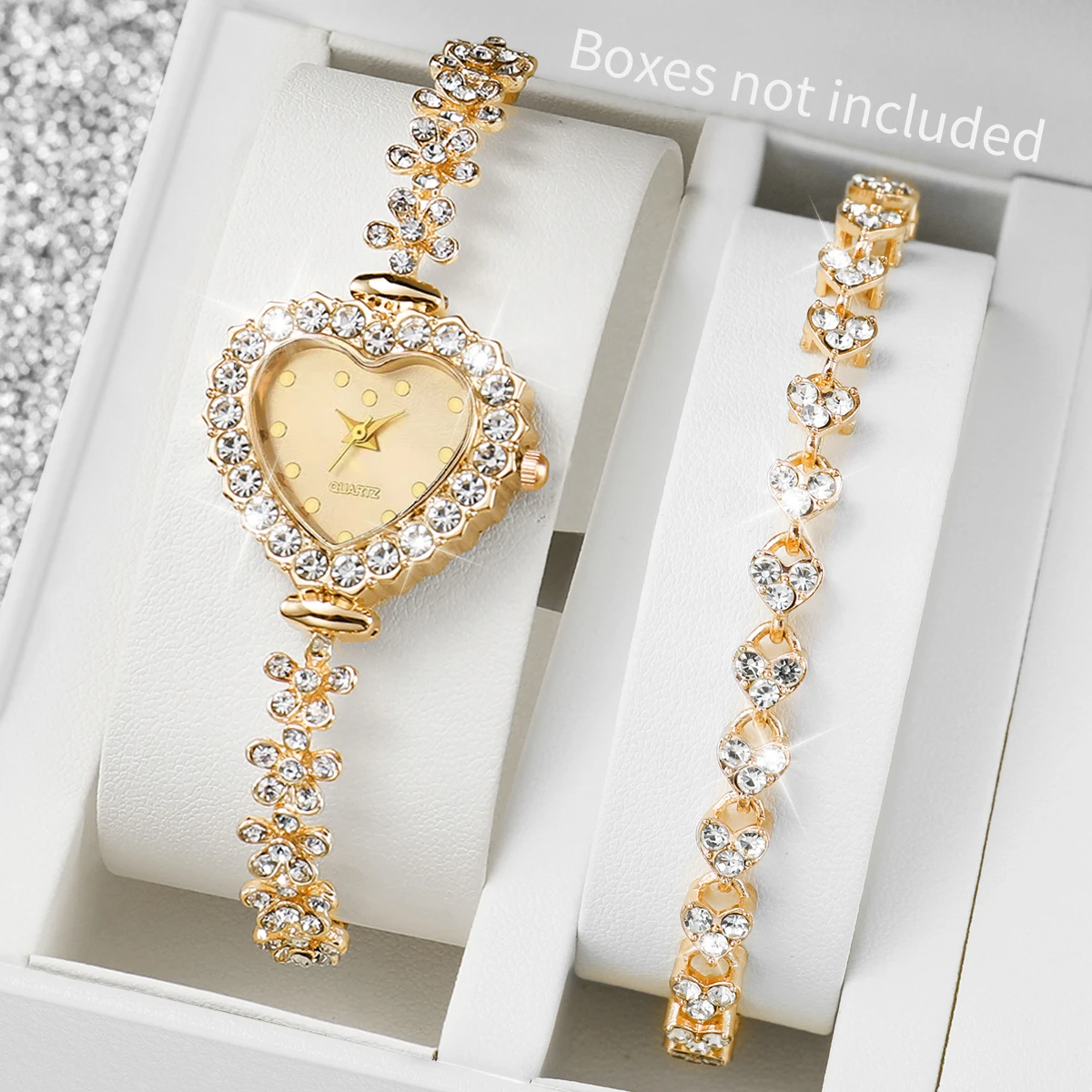 2PCS Set Women Watches Luxury Rhinestone Bracelet Ladies Heart Dial Quartz Wristwatches Dress Clock Montre Femme（Without Box ）