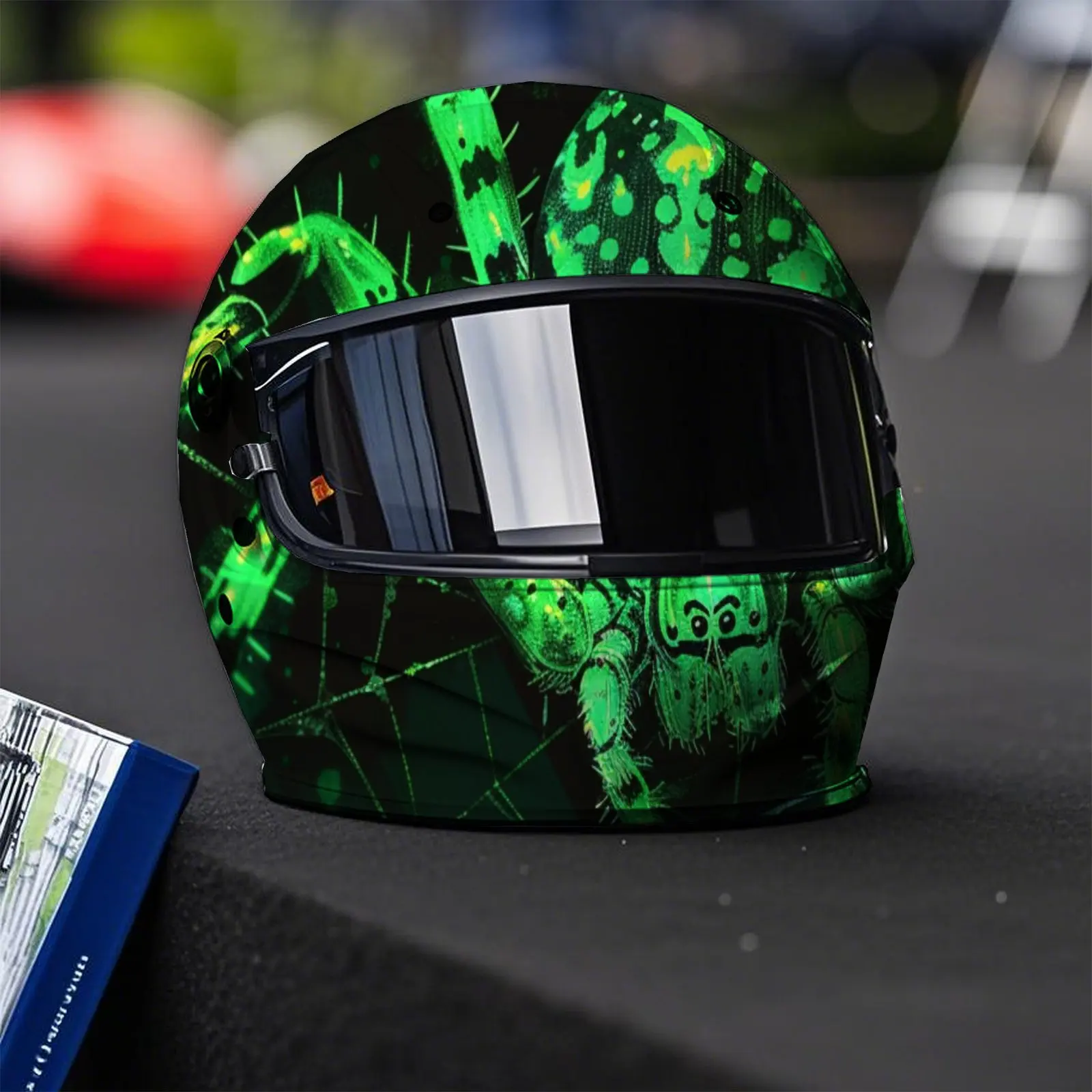 Cyberpunk Sci - Fi Green Spider Print Full Helmet Wrap Sticker Motorcycle Helmet Racing Graphic Decal Vinyl Wrap Helmet Decorati