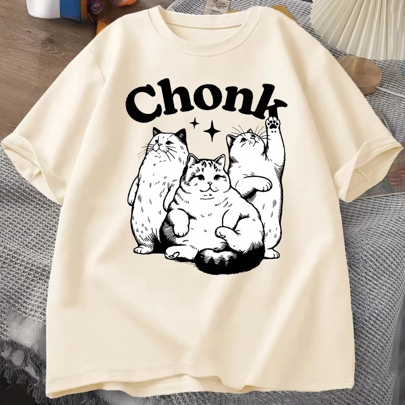 Funny Chonk Cat T-Shirt for Men Women Cute Fat Cat Tee Shirt Minimalist Meme Graphic Tee Pet Owners Cat Lovers Tshirt Clothing