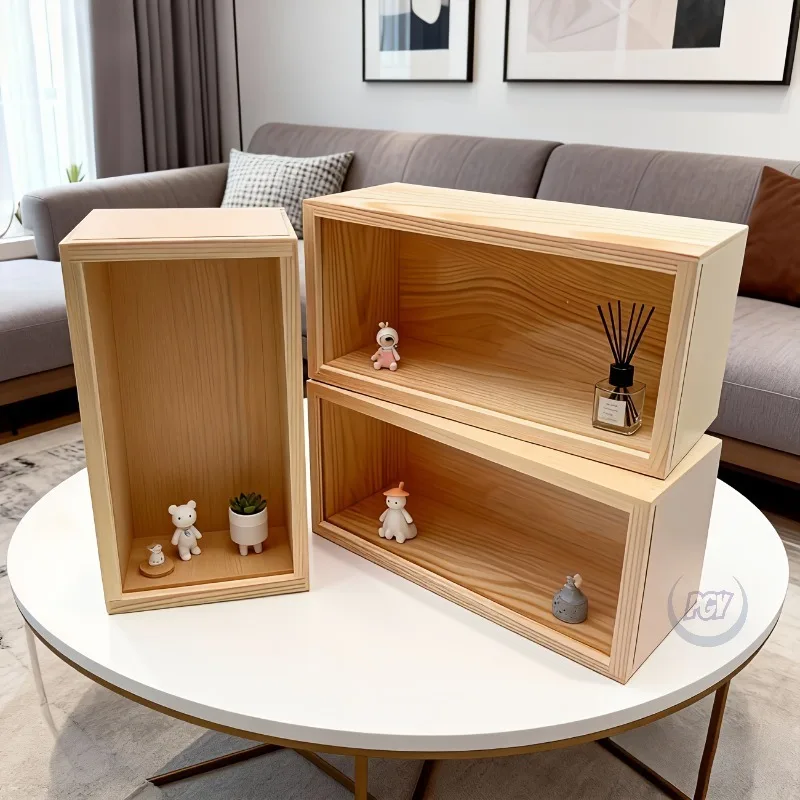 2/3PCS Pine Wood Storage Display Boxes Frame with Removable Acrylic Panel Showcasing Frames/Figurines/Lights Home Office Decor