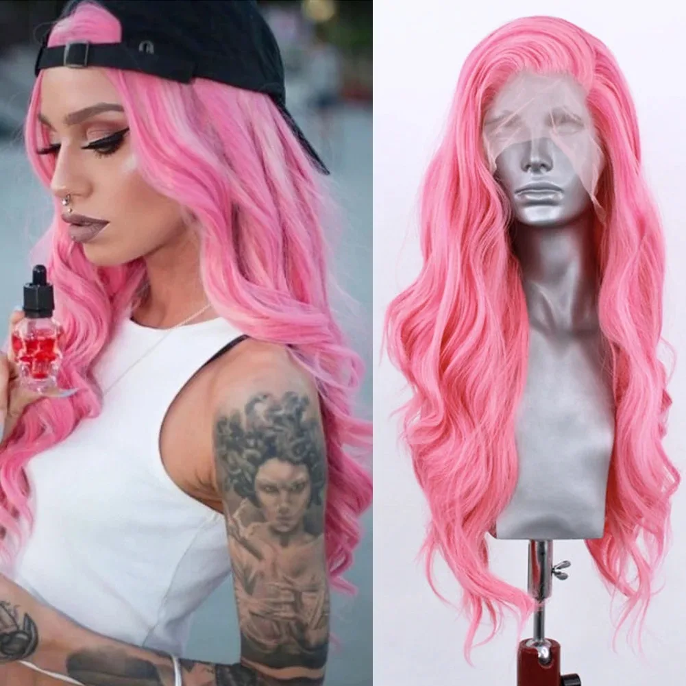Pink Lace Front Wig Long Body Wave Wigs 13x4 HD Lace Frontal Wig Synthetic High Quality Daily Ready To Wear For White Wemon