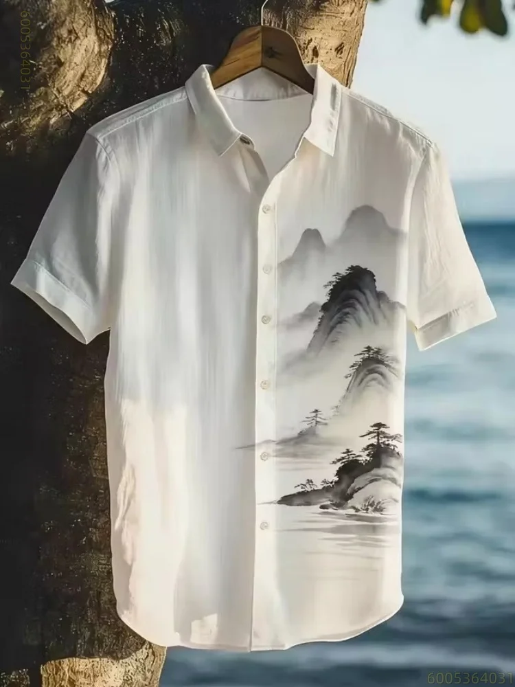 Men's shirt with a chivalrous swordsman print, double-sided print, short-sleeved collar, comfortable fabric, trendy loose fit.