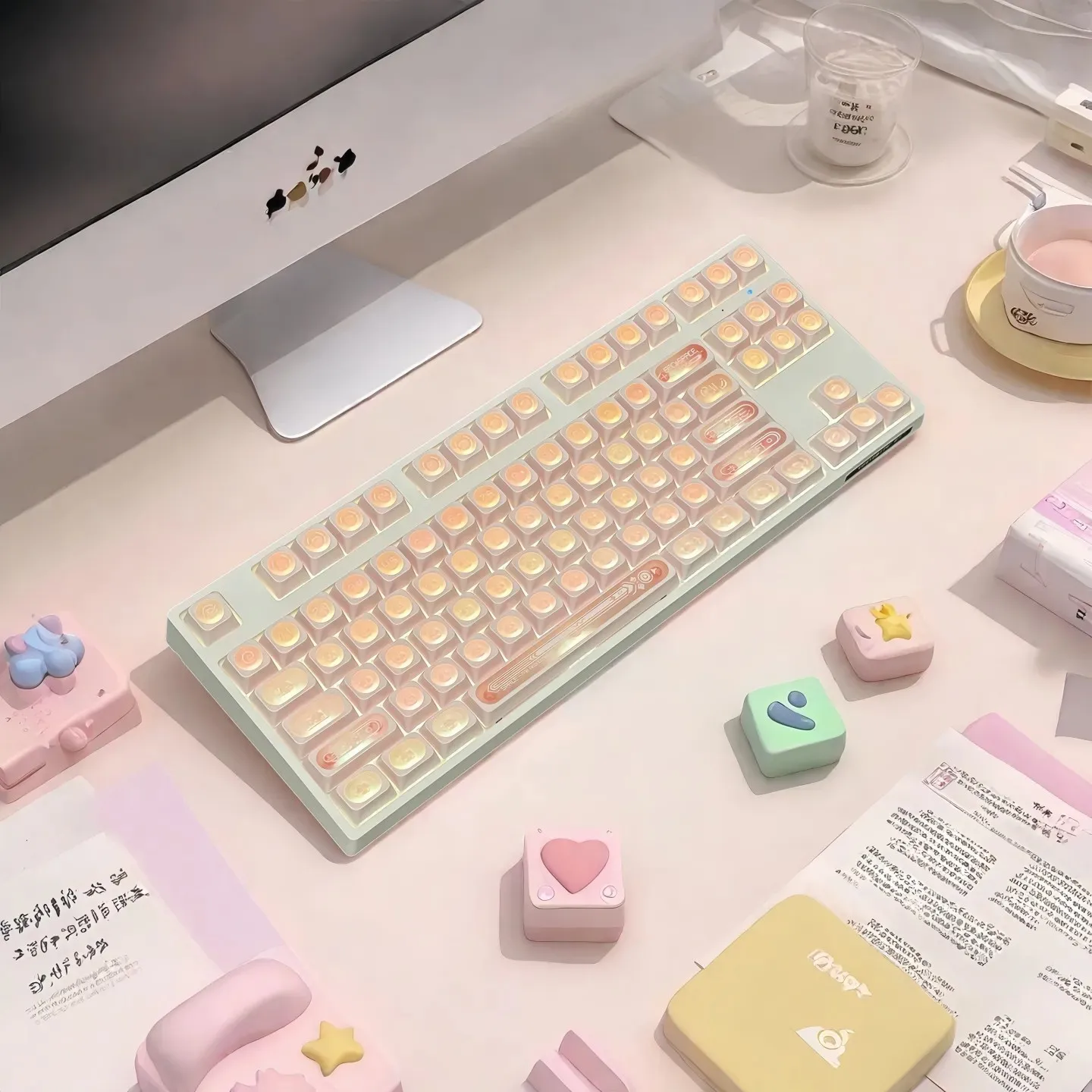 

136 Keys Cherry Profile Pink Cat Eye Transparent PC Keycap Dye-Sub Shine-Through PBT Keycaps for MX Mechanical Gaming Keyboard