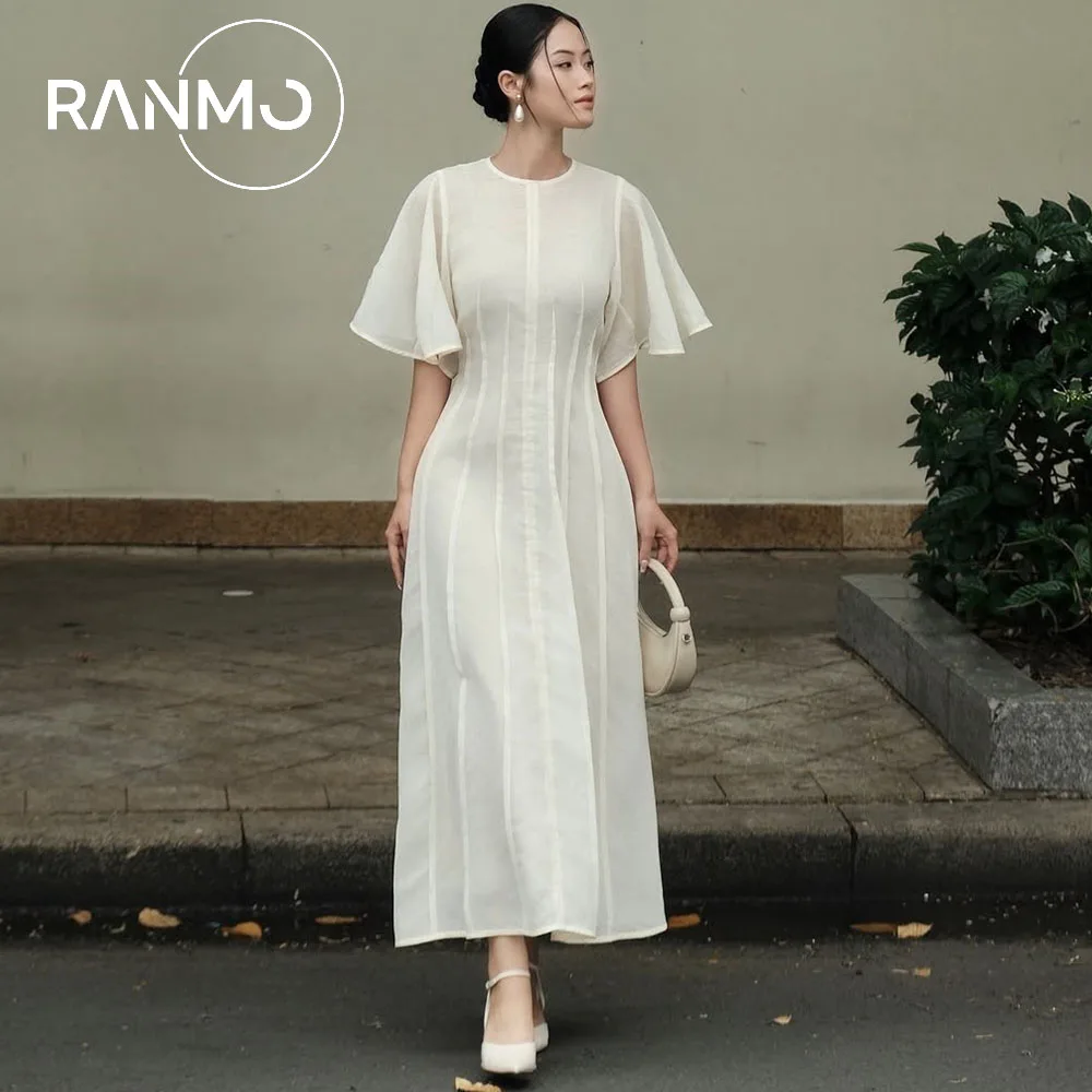 

Ranmo, новое белое шифоновое торжественное платье по индивидуальному заказу, элегантное трапециевидное платье с круглым вырезом и высокой талией, с короткими рукавами до щиколотки, для отдыха на каждый день