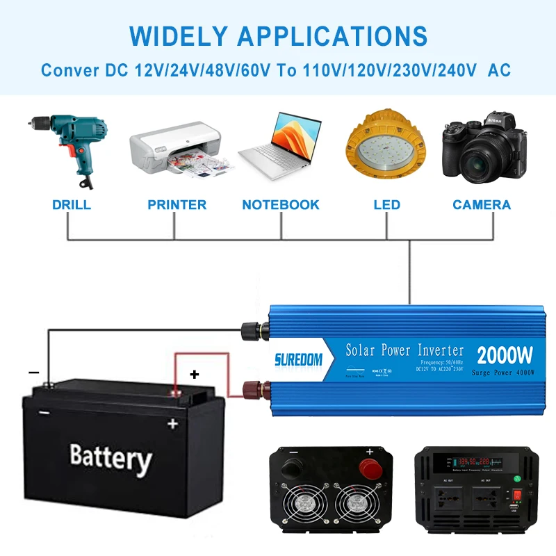 Home Use 2000W Inverter 12v 24v 110V 220V Digital Display Power Inverter Dc to Ac Pure Sine Wave Inverter