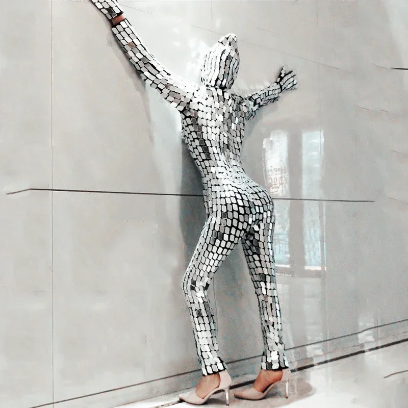 Men Mirrors Costume Women Silver Sequins Jumpsuit Bar Nightclub Party Gogo Wear Stage Performance Pole Dance Outfit