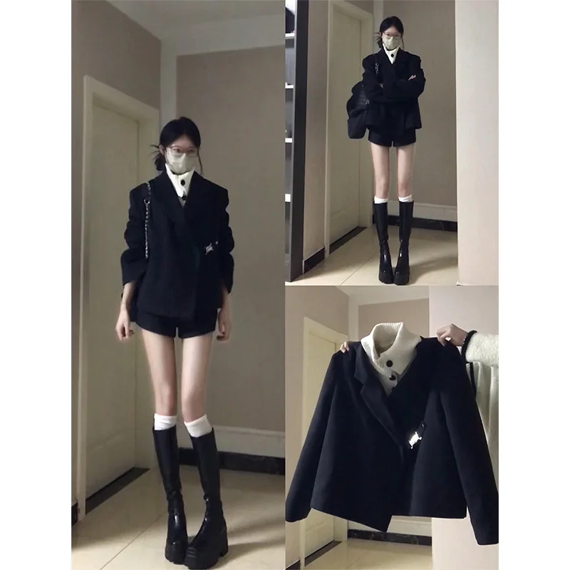 

Black Patchwork Woolen Short Blazer And Shorts Set For Women, Winter High-End Elegant Two-Piece Outfit