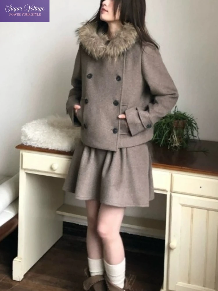 

Зимний корейский модный шерстяной комплект из 2 предметов в стиле ретро для женщин, пальто с воротником из искусственного меха с капюшоном + плиссированная юбка, элегантный уютный наряд