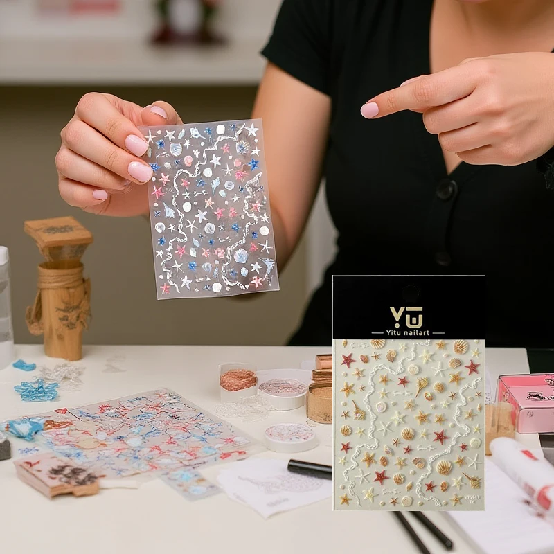 1 vel 5D Glanzende Reliëf Zeester Nagels Stickers Zomer Schelp Nail Sticker Bohemen Strand Zee Conch Nail Decals Decoratie