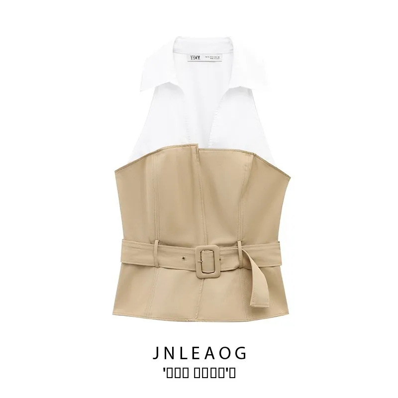 

JNLEAOG Women's Faionable Neline Patchwork Top Svel Polyester Fabric Slim Fit irt European Sle Autumn New Arrival