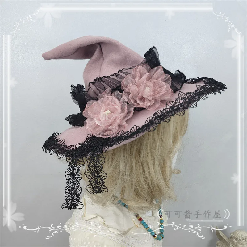 

Lolita Goth Rose White Burgundy Hat for Women Multi-color Original Pointed Witch Hat Halloween Wizard Hats