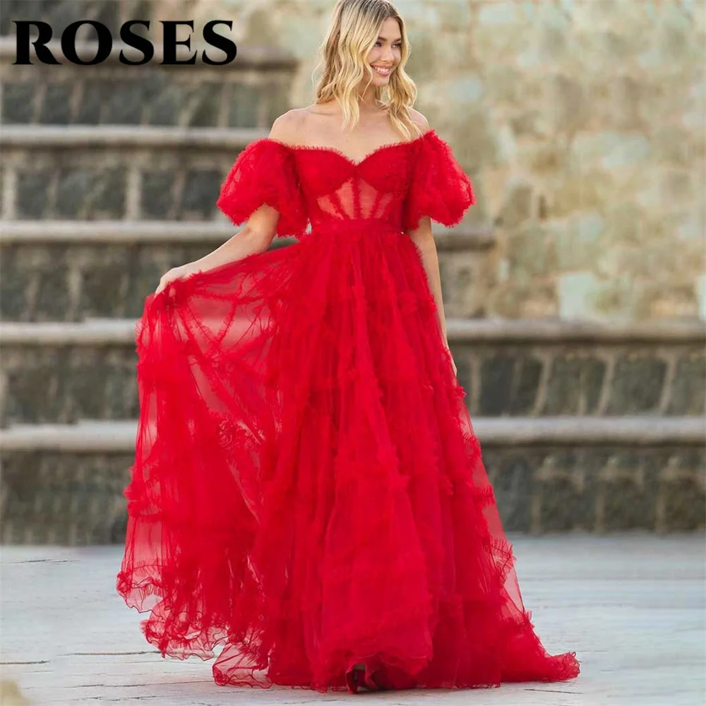 

ROSES Simple Red Evening Dress Sweetheart Tulle A-Line Long Off The Shoulder Prom Dress with Pleats Lace 프롬드레스 Party Dresses