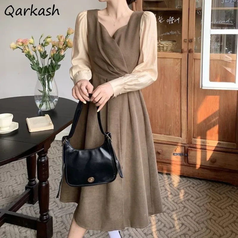 

Panelled Dresses for Women Korean Style Mid-calf Simple Design Elegant Female Spring Clothing All-match Fashion Long Sleeve Soft