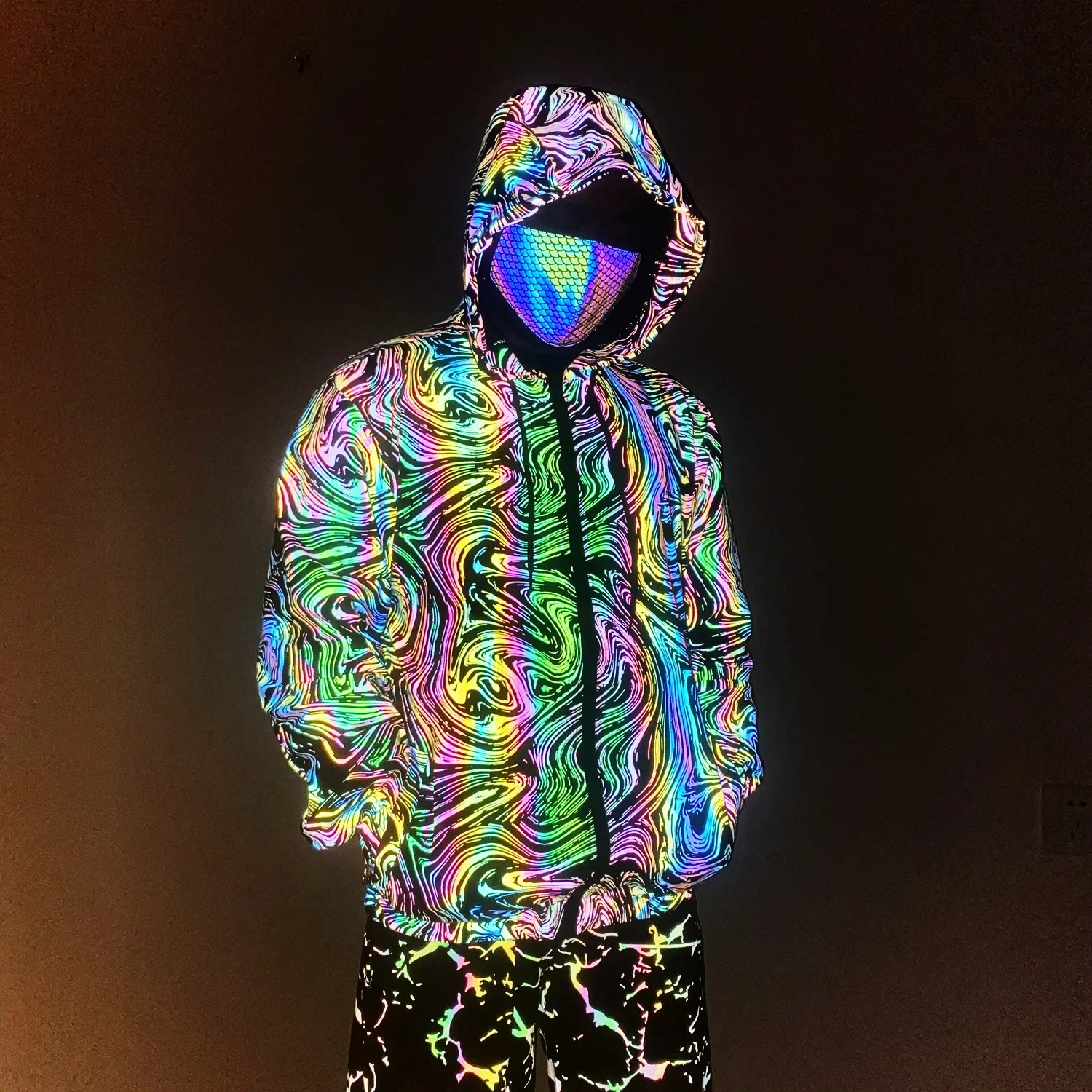 Veste de coulée de documents arc-en-ciel pour hommes, sweat à capuche hip hop, manteau respirant, tenue de soirée DJ Rave, vêtements de course de nuit, 2024