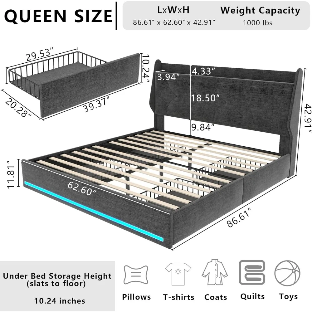 Queen Bed Frame with 4 Storage Drawers & Charging Station, with Button Tufted Wingback Storage Headboard,LED Footboard,Dark Grey