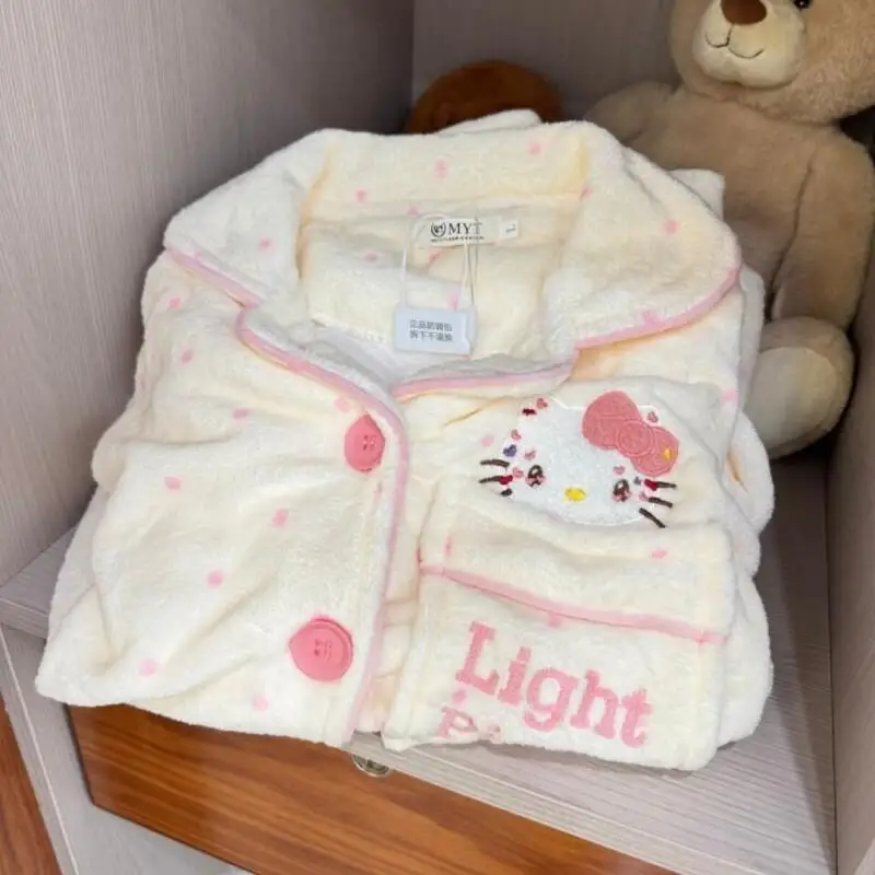 

Sanrio Hello Kitty Pajamas Set Pink Polka Dot Flannel Thickened Long Sleeve Women's Winter Cozy Warm Cute New Home Loungewear