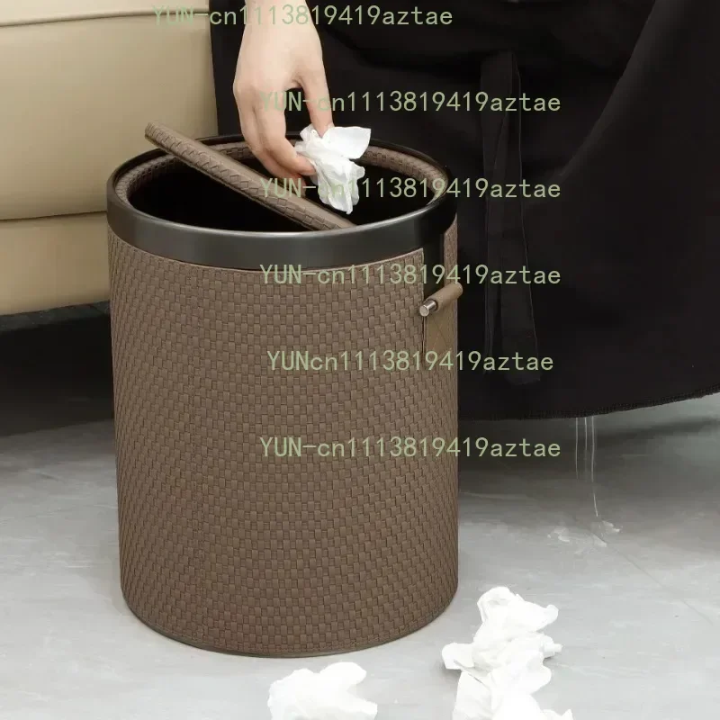 Large Capacity Leather Trash Can with Lid Elegant Living Room Garbage Bin Home Storage Organizer